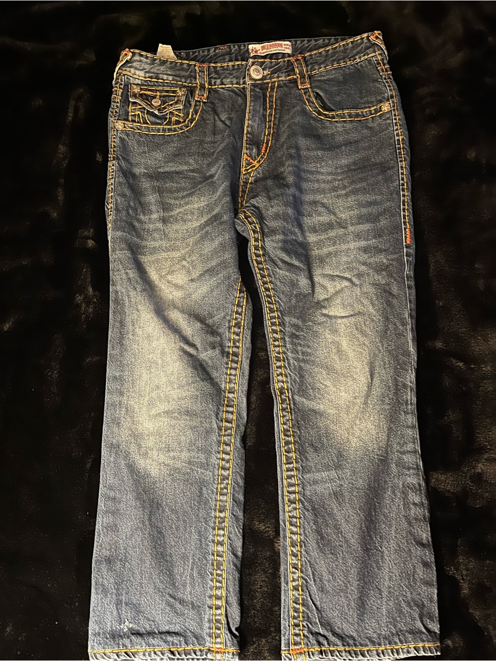 True Religion Men's Bootcut Jeans in Faded Blue with Yellow Stitching